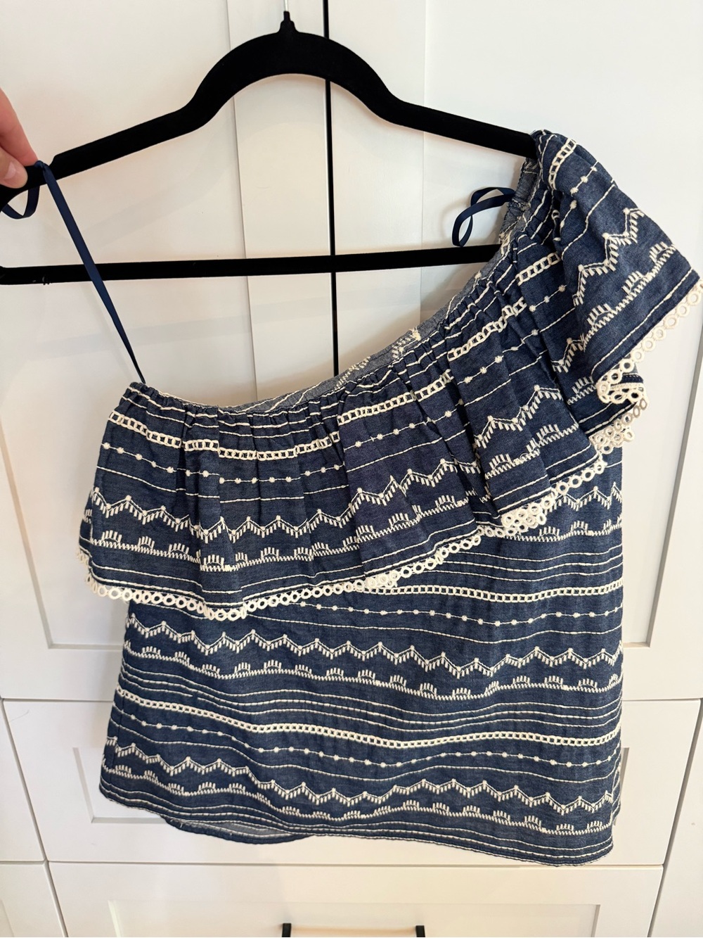 Parker Navy and White One-Shoulder Ruffle Camisole